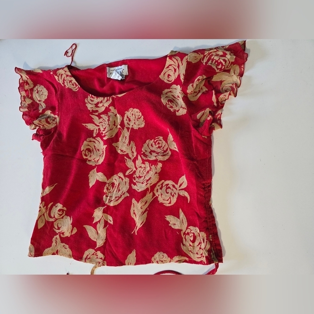Vntg Adrianna Papell Silk Floral Ruched Blouse Size 10 Red